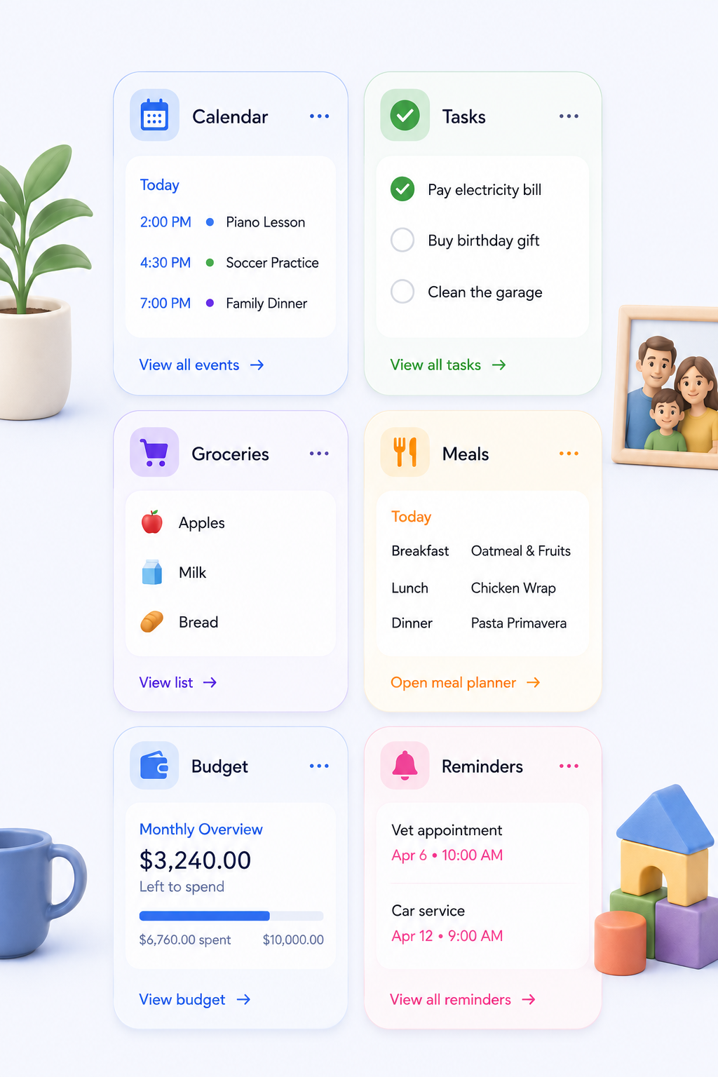 Kindo cards in portrait layout showing calendar, tasks, groceries, meals, budget, and reminders