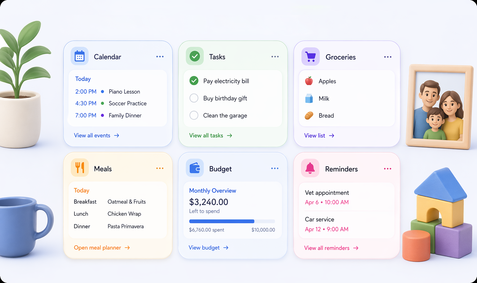 Kindo modules overview including calendar, tasks, groceries, meals, budget, and reminders